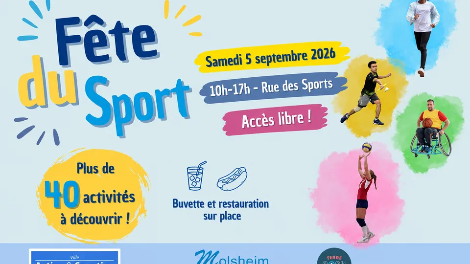 Affiche de la Fête du Sport de Molsheim, samedi 5 septembre 2026, avec des photos de pratiquants de sports variés