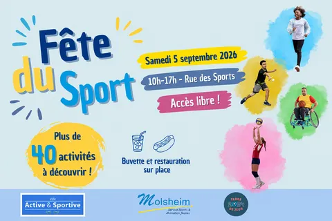 Affiche de la Fête du Sport de Molsheim, samedi 5 septembre 2026, avec des photos de pratiquants de sports variés